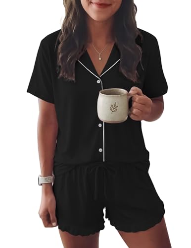 Image of Ekouaer Womens Pajama Sets Button Down Short Sleeve Top and Shorts Cute Ruffled Pjs Sets Sleepwear