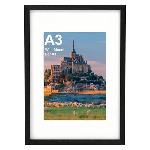 A3 Picture Frame, Black Wooden A3 Photo Frame 42 x 29.7 cm with A4 Mount, Poster Frame for Certificates and Artwork, Wall Mount Horizontal or Vertical