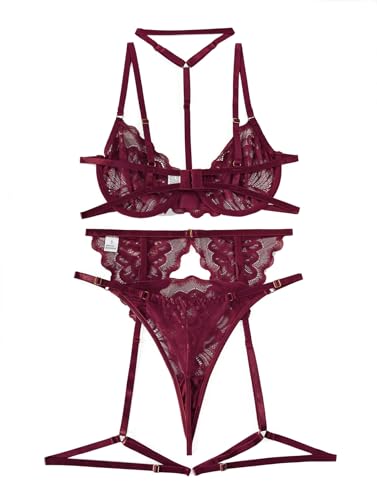Image of Lilosy Sexy Choker Floral Lace Scallop Sheer Underwire Push Up Garter Belt Lingerie Set 3 Piece