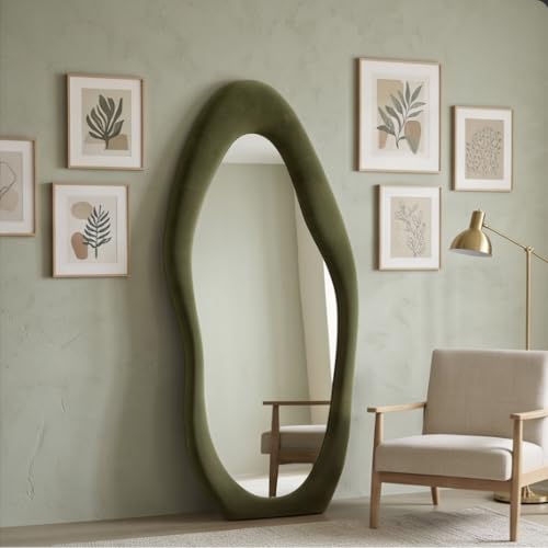 Image of The Artment Fluid Reflection Unbreakable Full-Length Asymmetrical Shape Mirror with Plush Green Velvet Frame, Floor-Standing or wall-Leaning Design for Bedroom, Dressing Area & Home (160 X 60 CM)