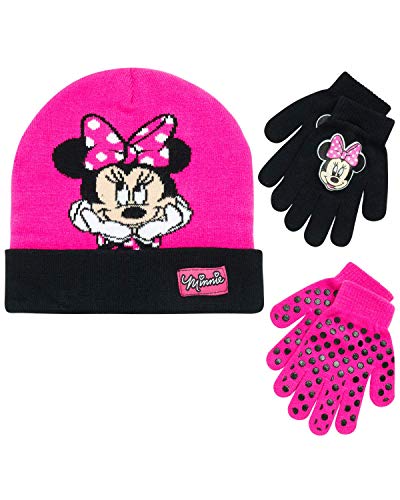Disney Girls Frozen, Minnie Mouse and Vampirina Winter Hat and 2 Pair Mitten or Glove Set (Toddler/Little Girl), Reversible Minnie Gloves 4-7