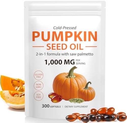 Tiuedu Pumpkin Seed Oil Capsules, 1000mg Per Serving, 300 Softgels, Cold Pressed Pumpkin Seed Oil Capsules with Essential Fatty Acids & Phytosterols,Supports Hair, Urinary, Bladder & Prostate Health