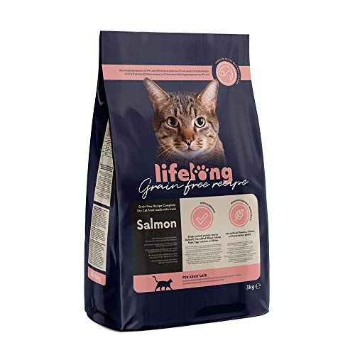 Marque Amazon – Lifelong – Aliment pour chat adultes sans céréale, élaboré avec du saumon frais, 3kg