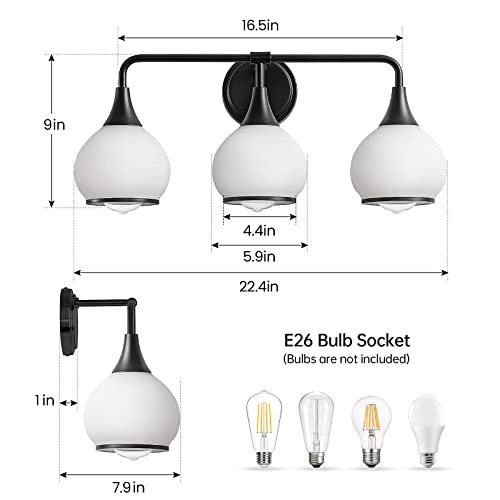 Image of Black Bathroom Light Fixtures 3-Lights Vanity Lights with Milky White Frosted Glass Shade Bathroom Vanity Light 22.4 inch Wall Sconce Lighting Bath(Exclude E26 Bulb)