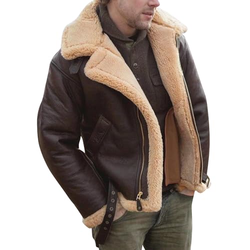 SOOUICKER Bomberjacke Herren Winter Gefüttert Lederjacke Fell Warme Winterjacke Vintage Fliegerjacke Lammfell Fleecejacke Outdoor Übergangsjacke Fleece Elegant