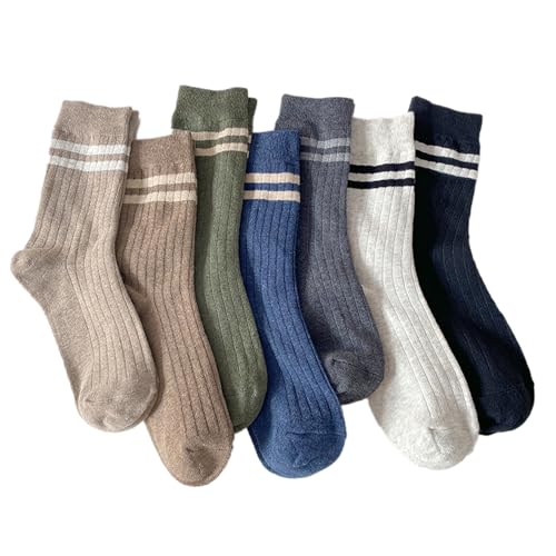 TeenFighter 7 Pair Pack Men's Retro Double Bar Cotton Socks - Vintage Design Crew Socks with Breathable Soft Fabric for Casual & Athletic Wear