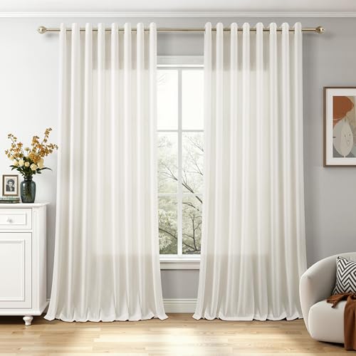 Image of Extra Wide 100 Inch Linen Grommet Curtains for Living Room Cream Sliding Glass Door Curtain Neutral Farmhouse Light Filtering Decor Semi Sheer Privacy Window Drapes 100x90 2 Panels Set Natural Ivory