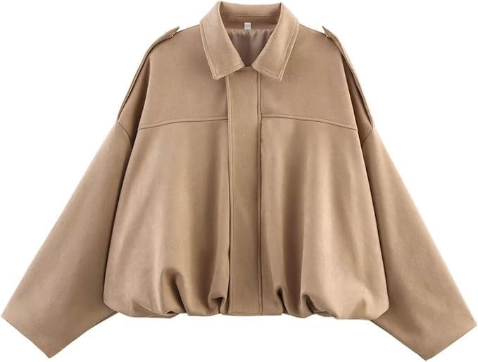 WOWULOVELY Women's Faux Suede Bomber Jacket Lapel Pilot Pocket Coat Casual Oversized Long Dolman Sleeves Trendy Streetwear