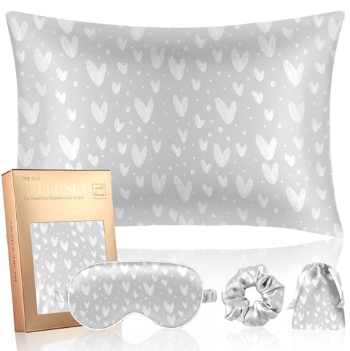 Miss Adola Mulberry Silk Pillow Case for Hair and Skin 19 Momme Standard 26"x20" Grey Satin Pillowcase with Eye Mask & Scrunchie Soft Satin Pillowcase Sleeping Gifts for Moms, Women