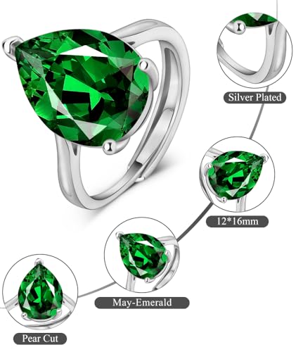 Simulated 12 * 16mm Gemstone Birthstone Adjustable Rings 925 Sterling Silver Plated Pear Cut Wedding Rings for Women, Engagement Rings for Women Birthday Jewelry Gifts2