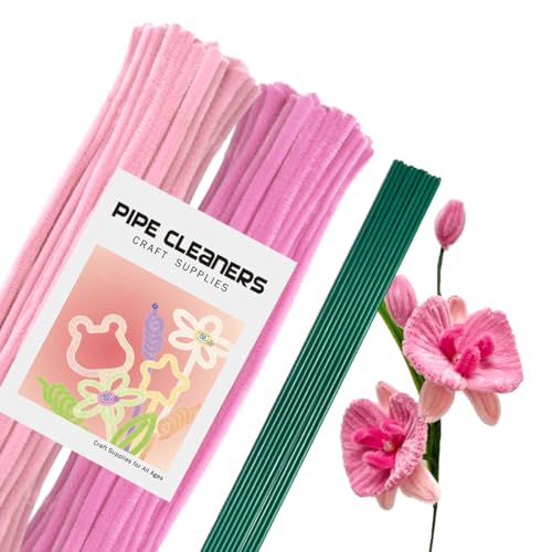 URSDIART 手芸モール カラーミックス 100本 人工花茎10本 工作 モール 花 カラーモール フラワーモール スティック 子供知育玩具 ワイヤーアート 骨格モール アート 造形材料 学校 手作り素材 手芸 用品 記念日 誕生日 母の日 画材 (ピンク系)の商品画像（Amazon）