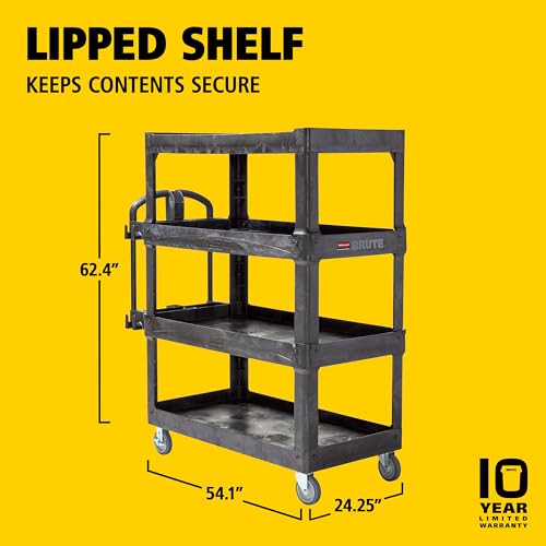 Image of New Rubbermaid Commercial Products 4-Shelf Utility /Service Quad Cart, Heavy Duty Large, Lipped Shelf, Ergonomic Handle, 700 lbs. Capacity, for Warehouse /Garage /Cleaning /Manufacturing (2128657) Black
