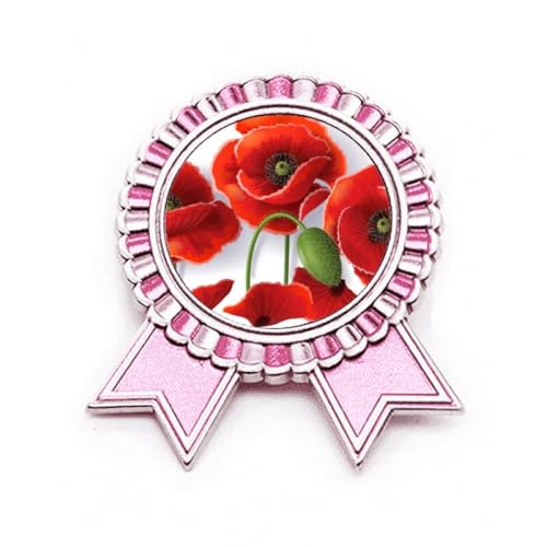 Broche rose en forme de pétales de maïs en métal ciselé, détails minutieux de fleurs rouges