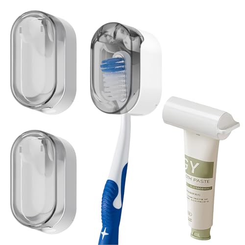 RICISUNG 歯ブラシホルダー 歯ブラシスタンド 壁掛け 電動歯ブラシホルダー 歯ブラシ立て 歯ブラシ置き 軟膏押出器 歯磨き粉出し機 水垢防止防塵 衛生 バスルーム収納 3個入歯ブラシスタンド + チューブ絞り器 洗面所 収納 穴あけ不要