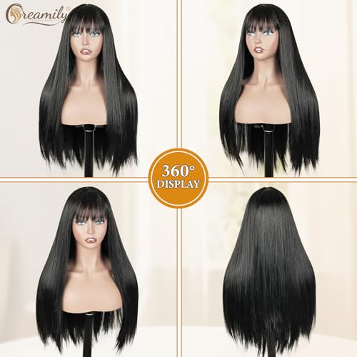 Image of Creamily Black Wig for Women, 22 Inch Long Straight Wig with Bangs, Full Head Synthetic Korean Style Cosplay Wigs