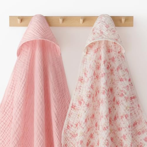Image of Looxii Baby Bath Towels 2 Pack Muslin Hooded Baby Towels for Newborn and Infants, 100% Cotton, Large 32x32Inch, Soft and Absorbent Pink+Flowers