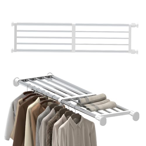 Hershii Tension Shelf Expandable Rod Closet System Heavy Duty Clothes Hanger Adjustable DIY Garage Bathroom Kitchen Storage Organizer Shoe Rack, Plant Stand, Bookshelf