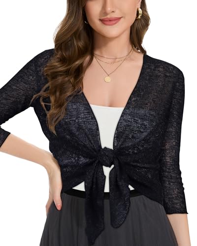 Image of Women Crop Cardigan Sheer Mesh Bolero Shrug for Dress Tie Front 3 /4 Sleeve Tops
