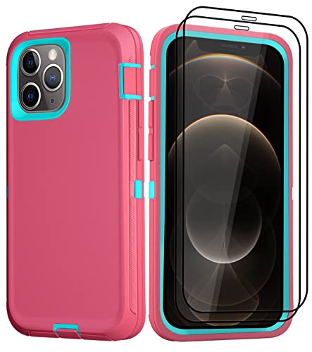 BMBZON for iPhone 12 Pro Max Case 6.7" with 2 Screen Protector Tempered Glass, Heavy Duty Full Body Protection Cover, 3-Layer Rugged Durable Shockproof Drop-Proof Phone Case (2-Pink LightBlue)