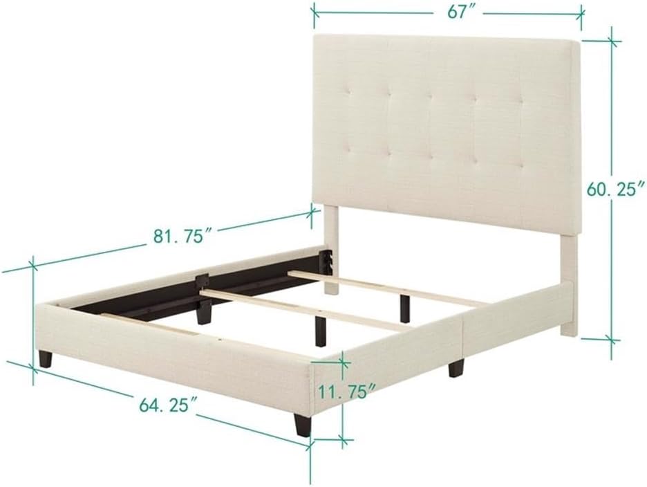Pemberly Row Queen Size Tufted Upholstered Platform Bed, Beige Polyester Fabric, 64"x83"x60", Solid Wood Feet, Padded Headboard and Frame, Modern Style Main, Spare, or Kids Bedroom