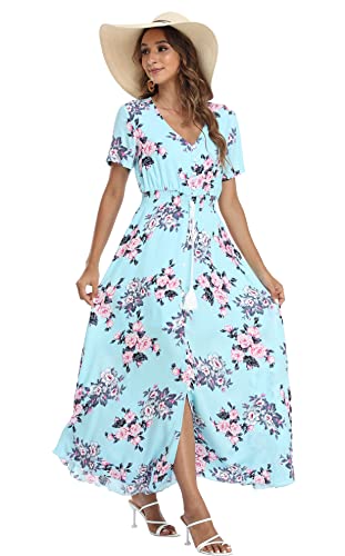 Image of VintageClothing Women's Floral Maxi Dresses Boho Button Up Split Summer Casual Long Dress Beach Party Dress