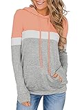 ADREAMLY Damen Kapuzenpullover Hoodie Sweatshirts Farbblock Langarmshirt Patchwork Casual Pullover Tops Sport Outwear Kapuzen Sweatjacke mit Taschen （Orange-Rosa,XL