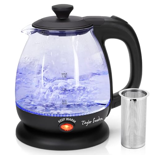 Taylor Swoden Wasserkocher Klein,1 Liter Wasserkocher Glas Led, 2200W Electric Kettle, Warmhaltefunktion, Herausnehmbarer Filter, BPA FREI, für Reisen, Küche oder Büro, Abel