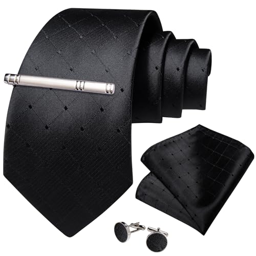 Image of DiBanGu Mens Tie Silk Plaid Striped Necktie and Pocket Square Cufflinks Tie Clip Set with Gift Box Formal Wedding Party