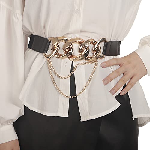 Jumwrit Black Leather Elastic Belt Punk Rock Stretch Waist Belt for Dress Ladies Skinny Wide Chain Belt Gold Tassel Chain Waist Band for Women(Style 1)