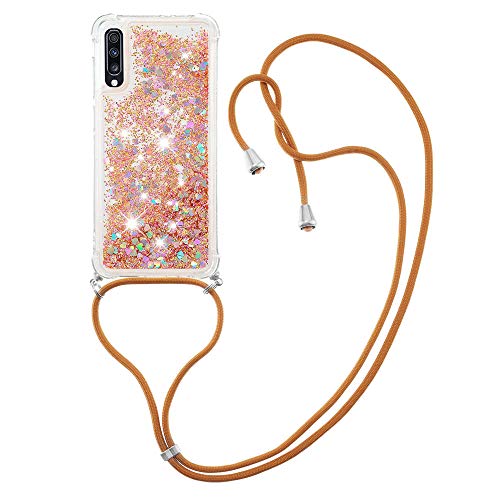Custodia con Collana per Samsung Galaxy A70 Brillantini Liquido Sabbie Mobili Bumper TPU Case con Cordino Cinturino Lanyard Cover per A70. LP Love Gold