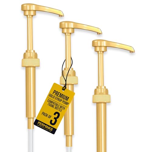 Premium Syrup Pump Compatible with Torani 750 ml Bottle, Davinci Syrups - No Spill, No Clog Syrup Pump Dispenser for Vanilla, Snow Cone, Blueberry, Coffee Flavoring & More (Pack of 3, Gold)