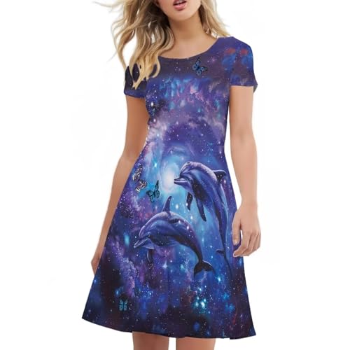 Image of HUGS IDEA Womens Puffy Swing Midi Dress Round Neck Short Sleeve Party A-Line Dresses