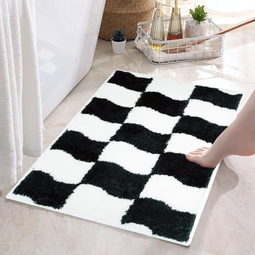 Mocsicka Black White Checkered Bathroom Rug Classic Modern Checke...