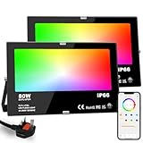 HEKEE LED RGB Floodlights Outdoor, 800W Equivalent, Smart Colour Changing Flood Lights, APP Controlled, Timing, IP66 Waterproof, UK Plug (2 Pack)