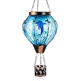 YELENEW Blue Dolphin Hot Air Balloon Solar Lantern with Flame Flickering Light LED Glass Hanging Solar Lanterns Outdoor Waterproof Hot Air Balloon Decor for Patio Yard Garden Mother Day Gift for Women