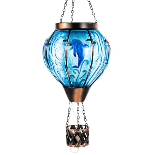 YELENEW Blue Dolphin Hot Air Balloon Solar Lantern with Flame Flickering Light LED Glass...