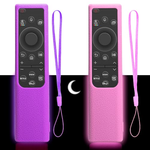 2 Pack Silicone Remote Cover for Samsung Smart TV Remote 20192026 Glow in The Dark Protective Case for Solar Cell Remote BN59-01357 BN59-01385 BN59-01265A Anti-Slip (Purple & Pink)