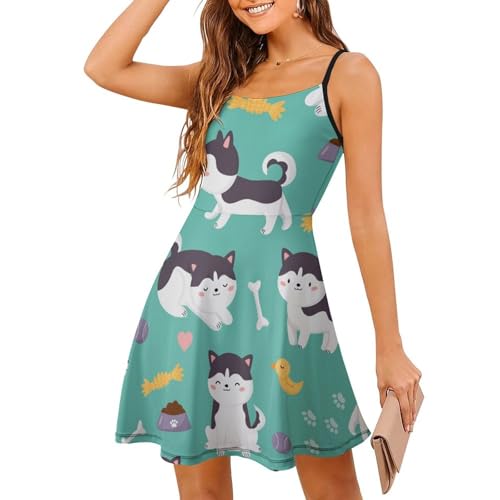 Robe d'été à bretelles motif chat drôle et coupe courte moderne