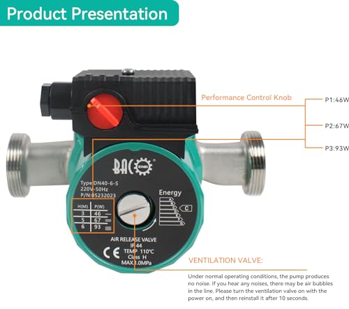 BACOENG Edelstahl Umwälzpumpe Heizungspumpe RS 25/6-180 Zirkulationspumpe für Zentralheizung 220V/ 50 Hz