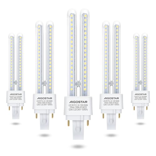 Aigostar - Pack de 5 Bombillas LED PLC 2U, tubo de 11 W Maiz G24d-3, 2 Pines, Luz fría 6500K,...