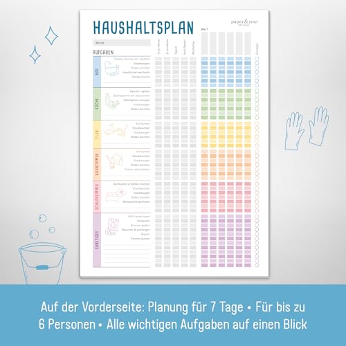 paper&you® Haushaltsplan Block A4 \Rainbow\ Putzplan für Familien oder WGs, 50 Blatt - alle helfen mit den Haushalt zu organisieren - klimafreundlich & nachhaltig