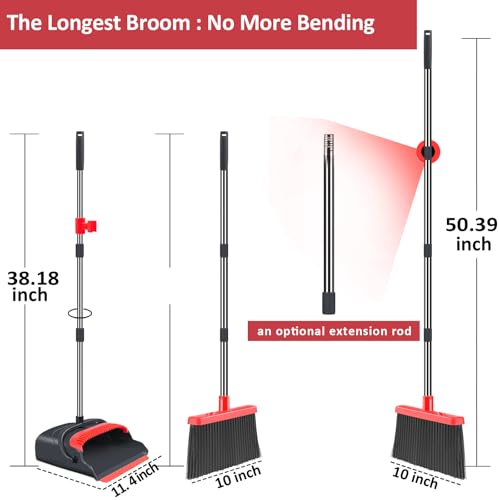 Image of Upgrade Broom and Dustpan Set, Broom with Dustpan Combo Set, Large Size and with Long Handle, Upright,Ideal for Indoor Outdoor Garage Kitchen Room Office Lobby Use (Black&Red)