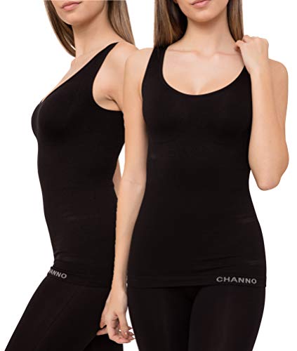 Pack de 2 Camisetas Interiores Reductoras con Tirantes Anchos sin Relleno Cómodas y Elásticas Seamless Sin Costuras (Negro, M/L)