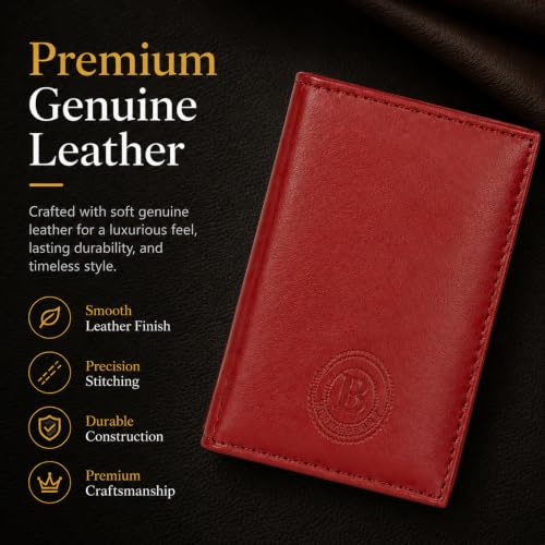 Image of LB LEATHERBOSS Slim Thin Leather Credit Card Triple ID Window Mini Wallet Bifold Driver License Safe (Cherry)