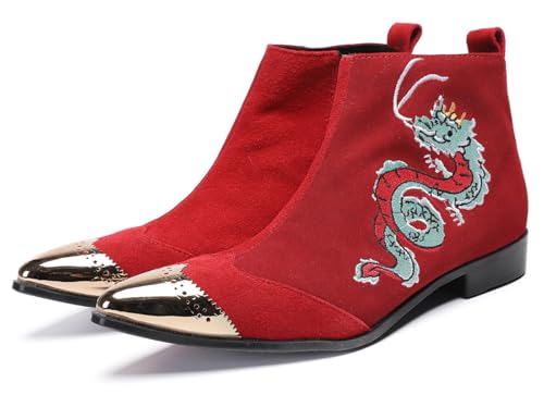Santimon Men’s Suede Red Dress Chelsea Boots – Dragon Embroidered Pointed Toe Ankle Boots with Gold Metal Cap – Stylish Casual Cowboy Boots for Stage, Party, Festival, Clubwear