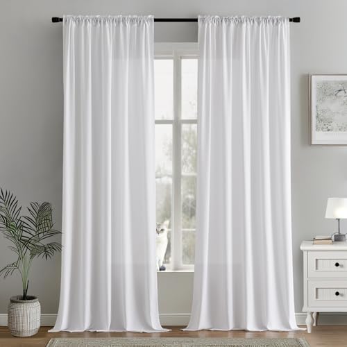 Image of MIULEE White Semi Sheer Privacy Curtains Drapes 2 Panels 52W x 92L