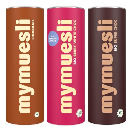 mymuesli Schoko-Mix BIO Müsli (3x 575g) mit 1x Super Choc mit weißer Vollmilch- und Zartbitterschokolade 1x Berry White Choc mit weißen Cranberry-Chocs und 1x Choc mit 5 Schoko-Zutaten - Ohne Palmöl