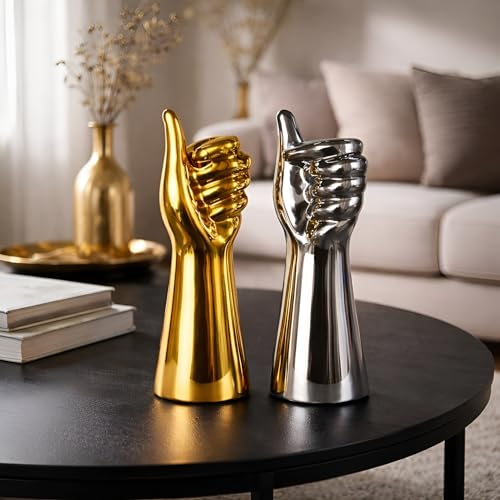 Image of Xtore Striking Contemporary Hand Gesture Sculpture for Home & Office Decor | Glossy Metallic Thumbs-Up Showpiece for Living Room, Desk, Shelf & Entryway Styling (Gold & Silver, 25.5 cm)
