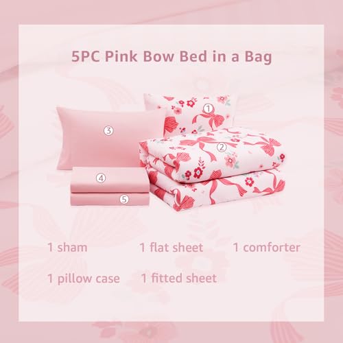 Image of Twin XL Comforter Set for Girls Pink Bow Floral 5 Pieces Bed in a Bag
