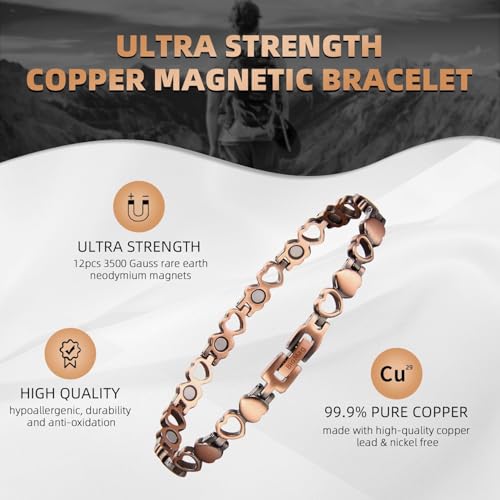 Image of Copper Bracelet for Women 99.9% Pure Copper Crystal Bracelets Link Chain Charm Jewelry Present 3500 Gauss with Adjustment Tool